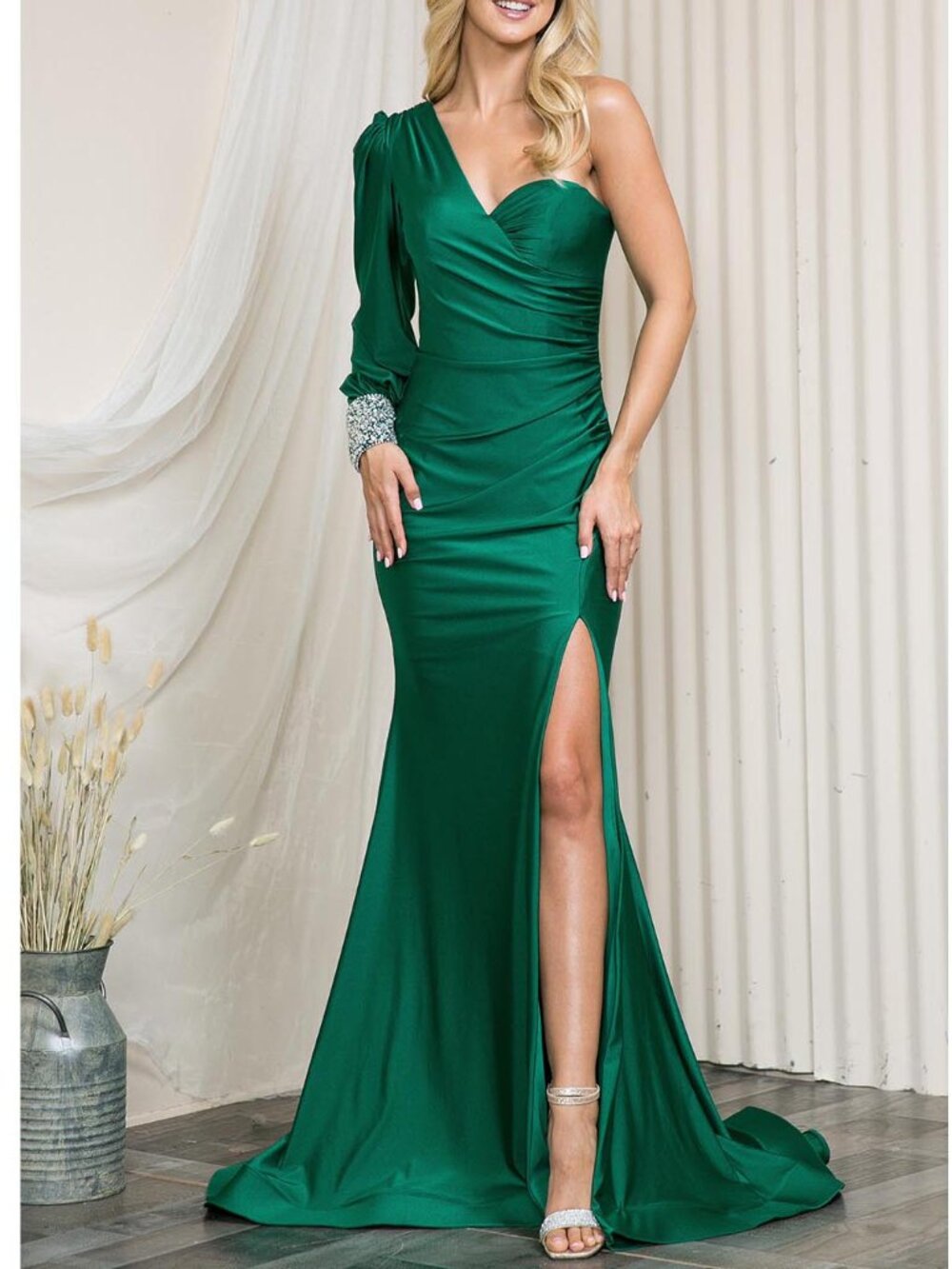 Emerald Green Sequin One Shoulder Long Sleeve Formal Evening Dress 10